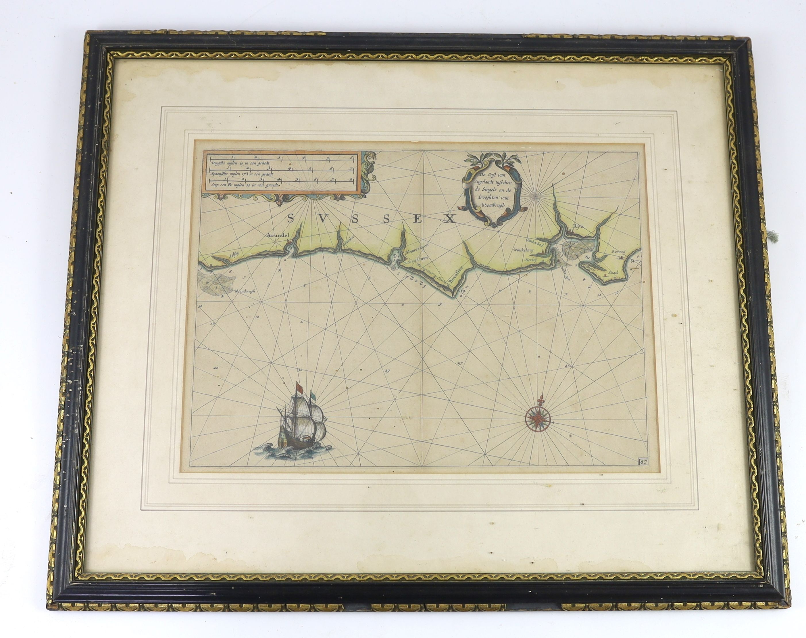 Blaeu, Jan. De cust van Engelandt tuschen de Singels en de drooghten van Weembrugh, [Sussex coast from Arundel to Rye], engraved hand-coloured map, framed and glazed, [1625 (Kingsley appendix II, no.6, p.342, and reprodu